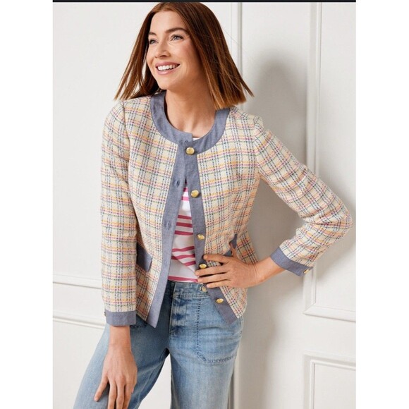 TALBOTS Denim Trim Lovely Tweed Jacket Women 6 Gold Button Preppy Career Office - Picture 1 of 12